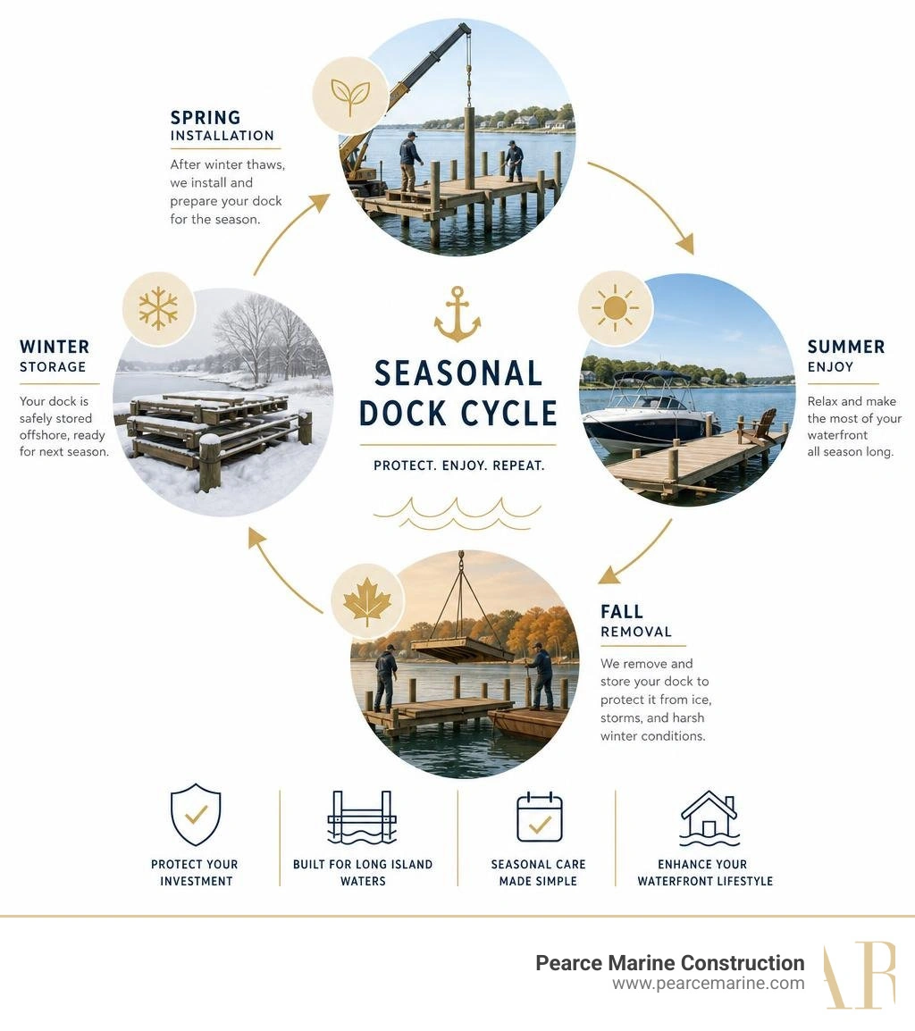 Seasonal dock installation and removal cycle for Long Island waterfront properties infographic Seasonal dock installation and removal cycle for Long Island waterfront properties infographic
