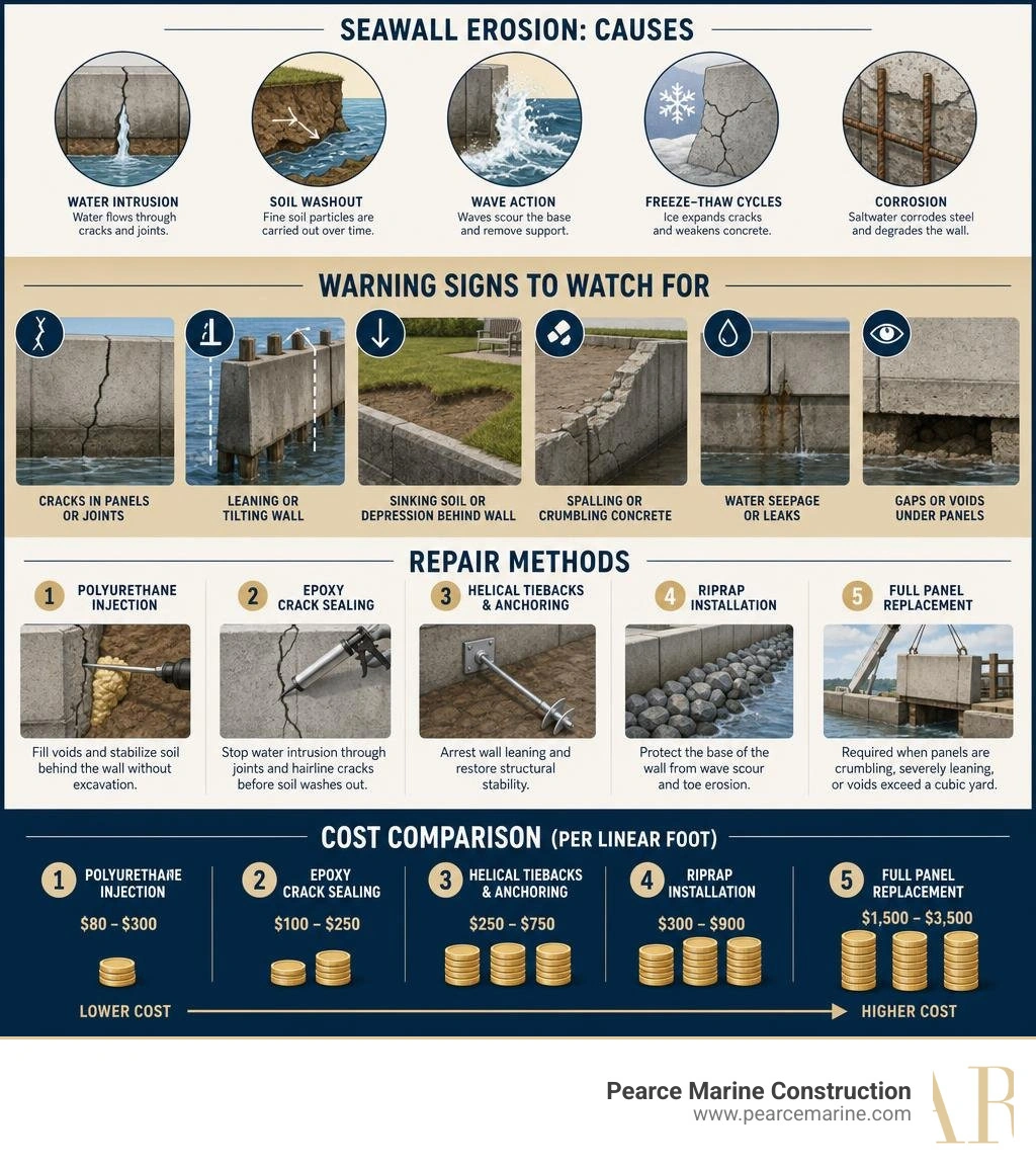 Seawall erosion causes, warning signs, repair methods, and cost comparison infographic infographic Seawall erosion causes, warning signs, repair methods, and cost comparison infographic infographic