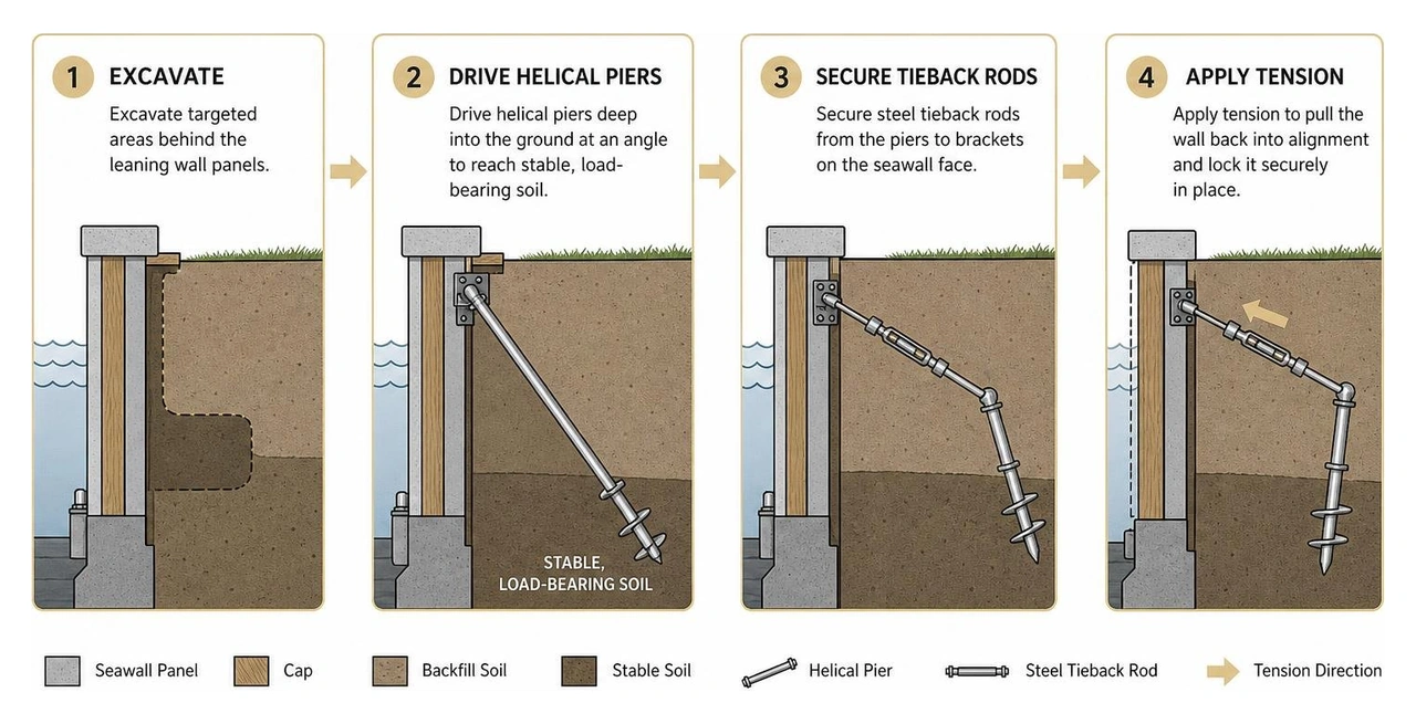 diagram of helical pier and steel tieback anchoring system installation diagram of helical pier and steel tieback anchoring system installation