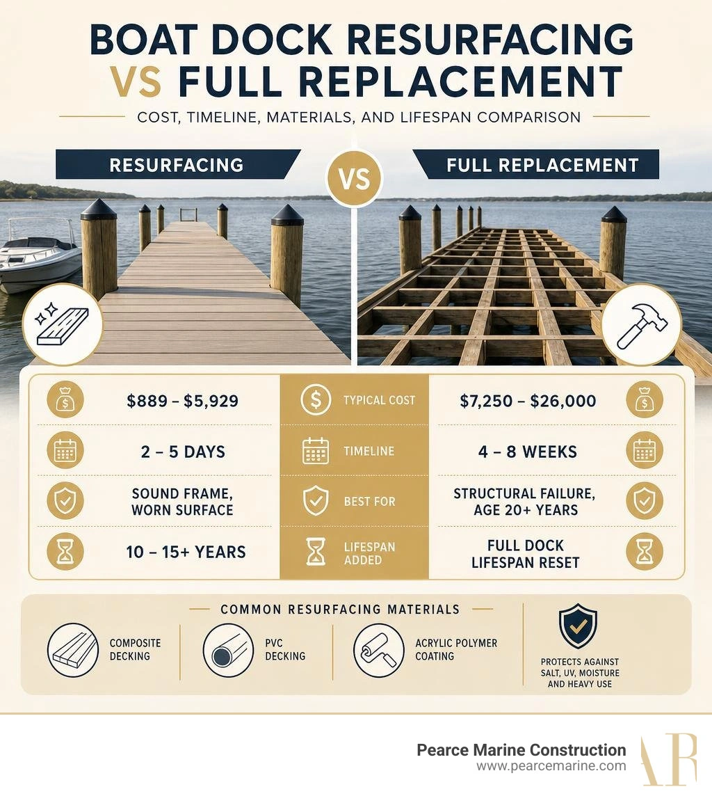 Boat dock resurfacing vs full replacement: cost, timeline, materials, and lifespan comparison infographic Boat dock resurfacing vs full replacement: cost, timeline, materials, and lifespan comparison infographic