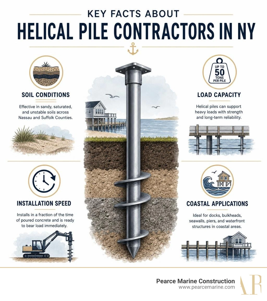 Key facts about helical pile contractors in NY: soil conditions, load capacity, installation speed, and coastal applications Key facts about helical pile contractors in NY: soil conditions, load capacity, installation speed, and coastal applications