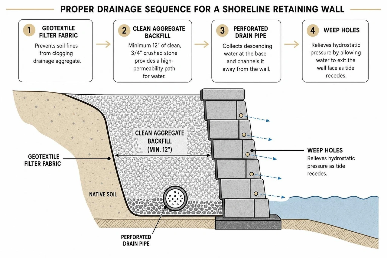 diagram showing proper drainage sequence for a shoreline retaining wall diagram showing proper drainage sequence for a shoreline retaining wall
