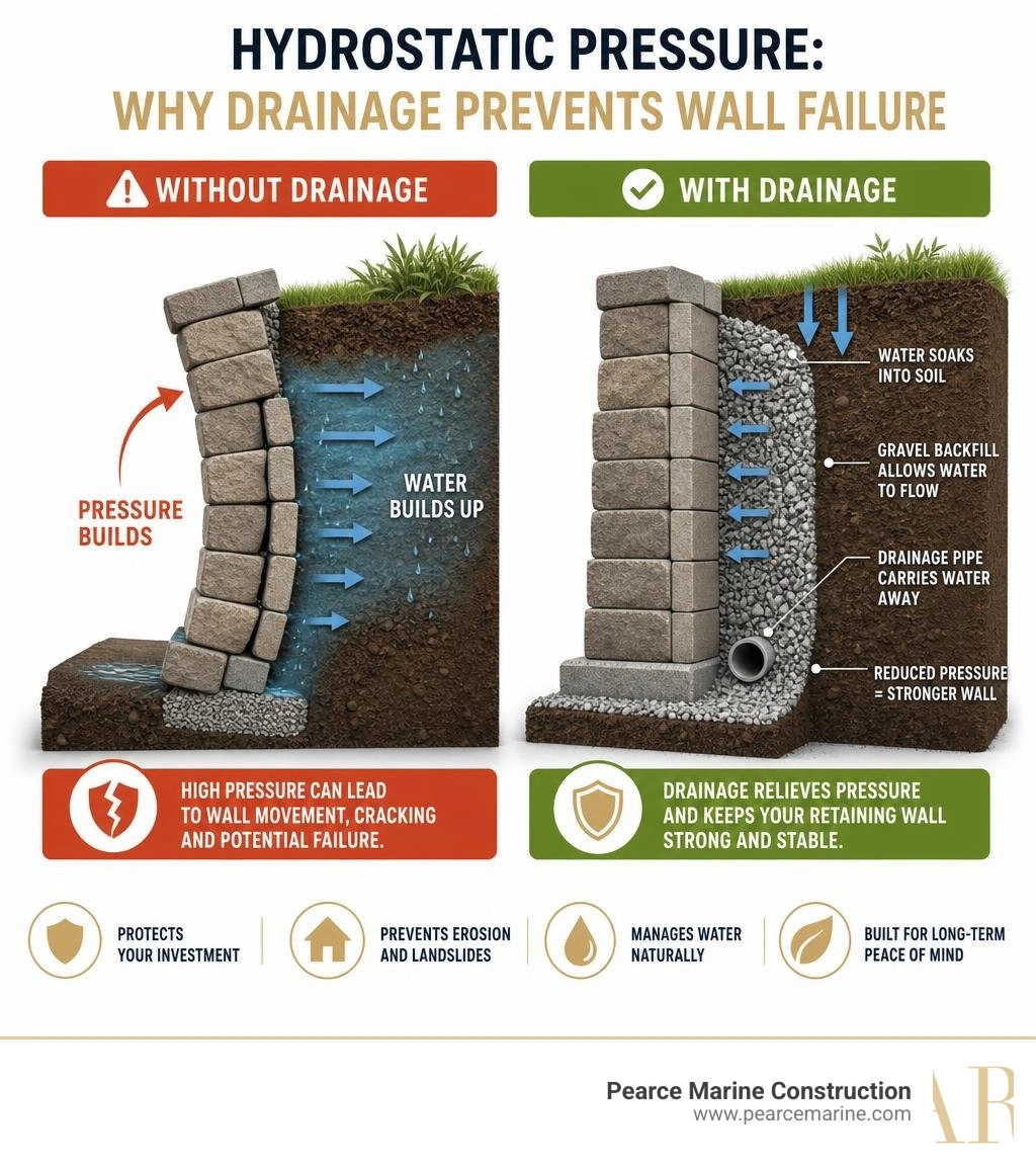 infographic showing hydrostatic pressure buildup and how retaining wall drainage prevents wall failure infographic infographic showing hydrostatic pressure buildup and how retaining wall drainage prevents wall failure infographic