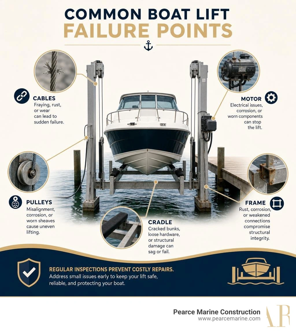 infographic of common boat lift failure points cables motor pulleys cradle frame infographic infographic of common boat lift failure points cables motor pulleys cradle frame infographic