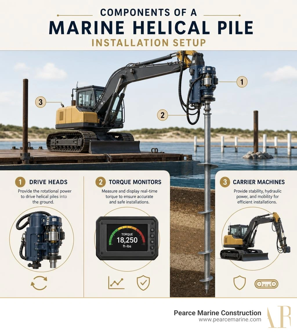 Components of a marine helical pile installation setup including drive heads, torque monitors, and carrier machines Components of a marine helical pile installation setup including drive heads, torque monitors, and carrier machines
