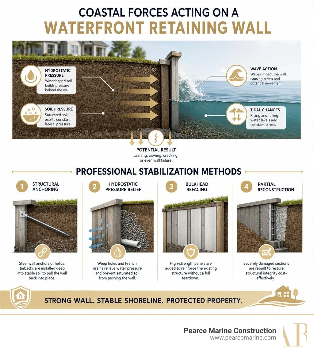 Coastal forces acting on a waterfront retaining wall and professional stabilization methods infographic Coastal forces acting on a waterfront retaining wall and professional stabilization methods infographic