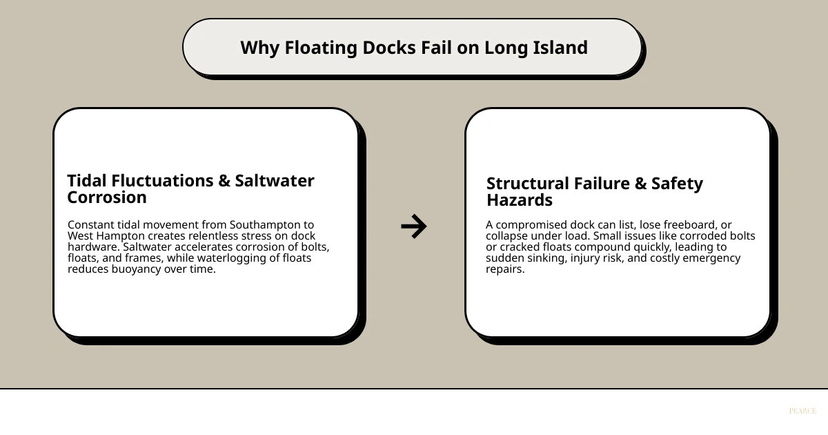 Infographic showing common causes of floating dock damage, warning signs, and repair options for Long Island tidal waterways Infographic showing common causes of floating dock damage, warning signs, and repair options for Long Island tidal waterways