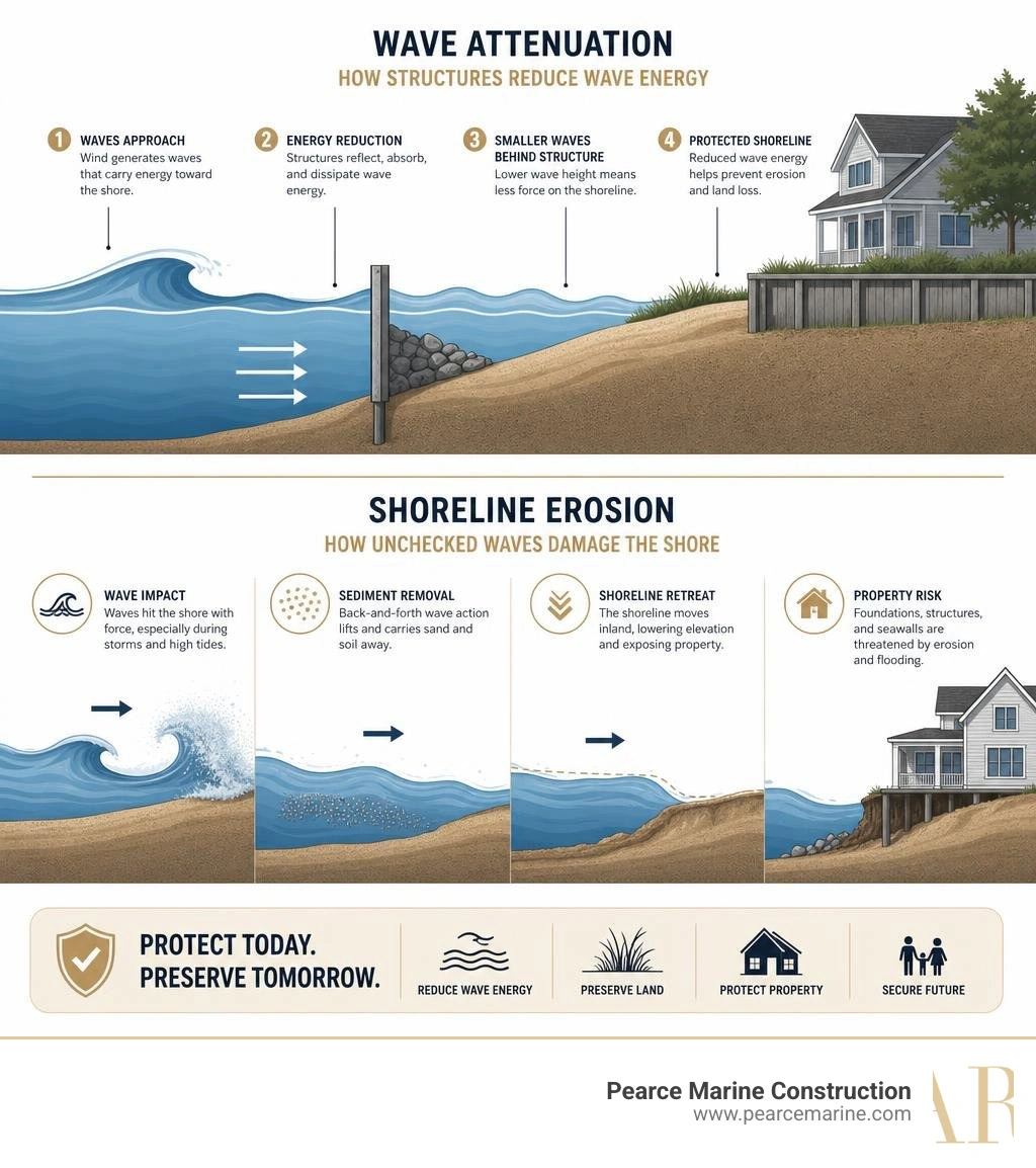 Infographic showing mechanics of wave attenuation and shoreline erosion on Long Island infographic
