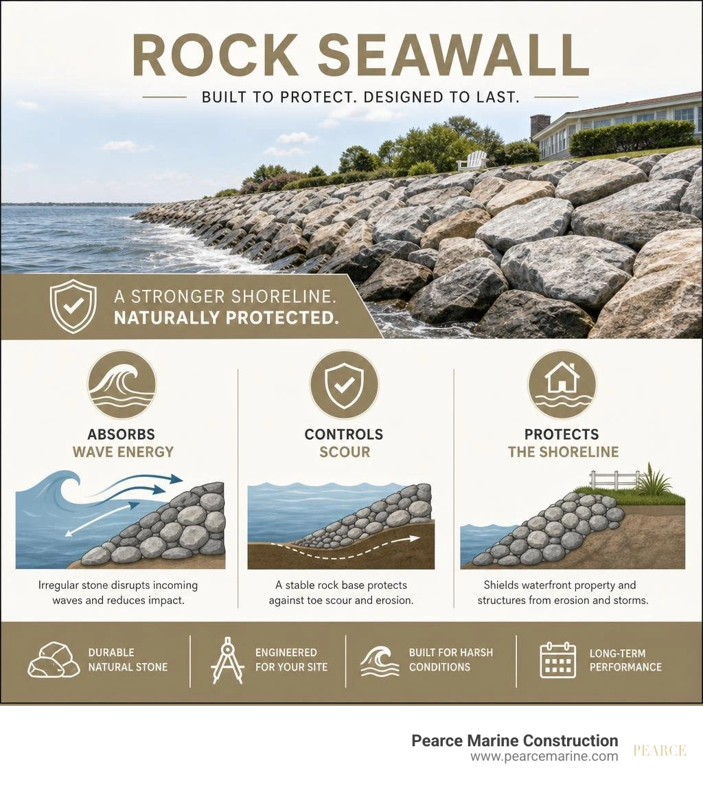 Rock seawall benefits for wave energy, scour control, and shoreline protection infographic Rock seawall benefits for wave energy, scour control, and shoreline protection infographic