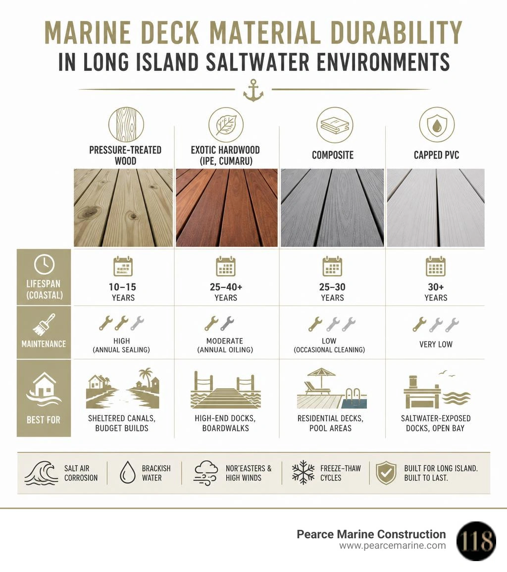 Comparison infographic of marine deck material durability in Long Island saltwater environments infographic Comparison infographic of marine deck material durability in Long Island saltwater environments infographic
