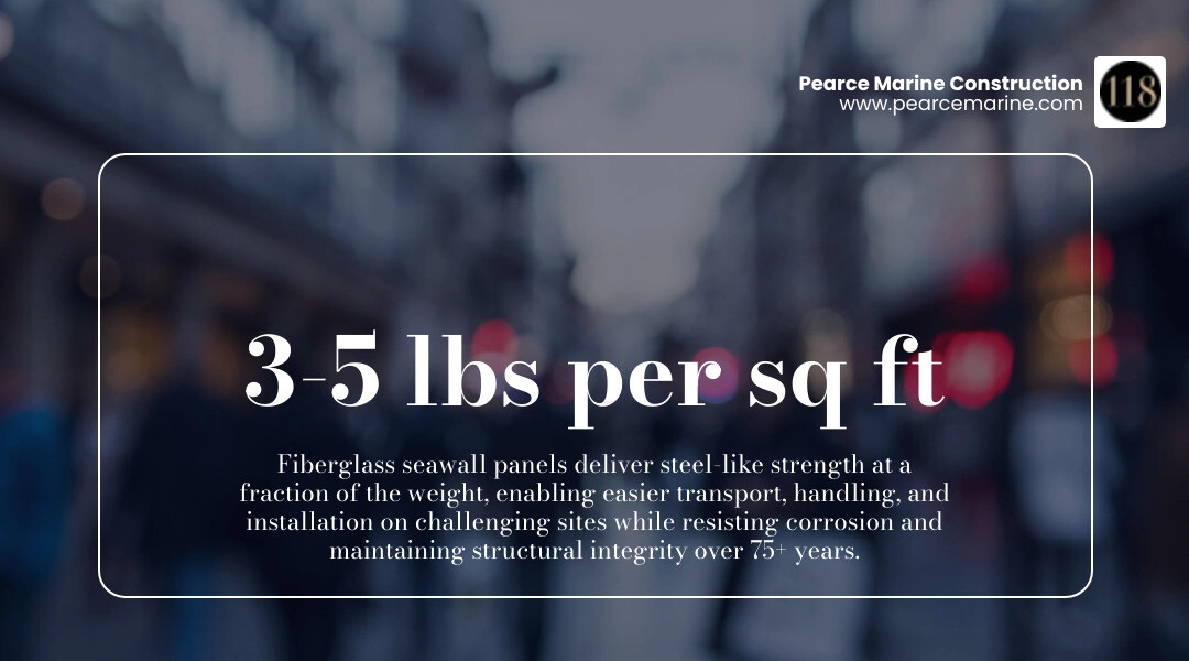 Stat showing fiberglass panels weighing 3-5 lbs per sq ft while maintaining steel-like strength - fiberglass seawall panels Stat showing fiberglass panels weighing 3-5 lbs per sq ft while maintaining steel-like strength - fiberglass seawall panels