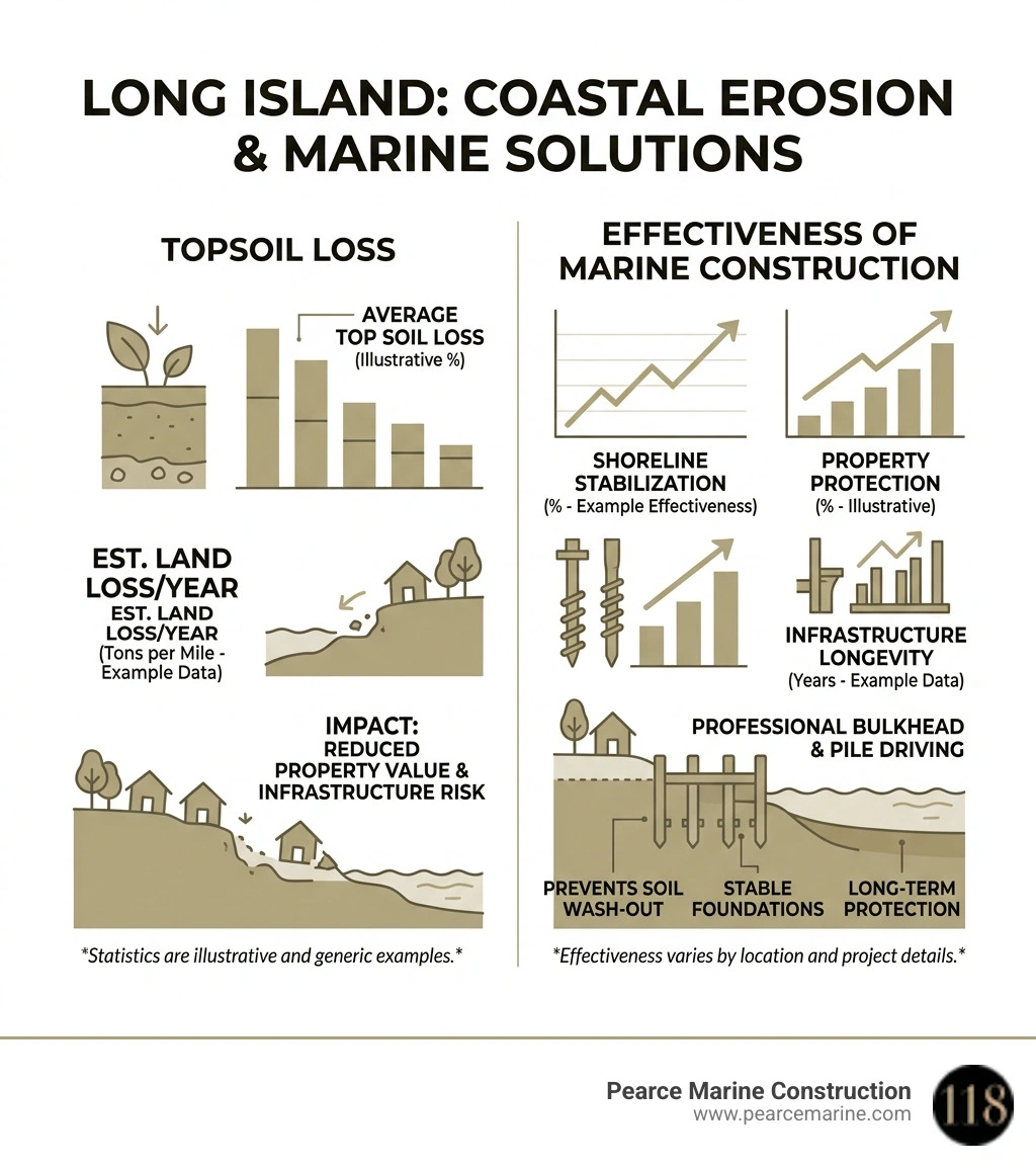 Infographic showing the statistics of topsoil loss and the effectiveness of professional marine construction in Long Island