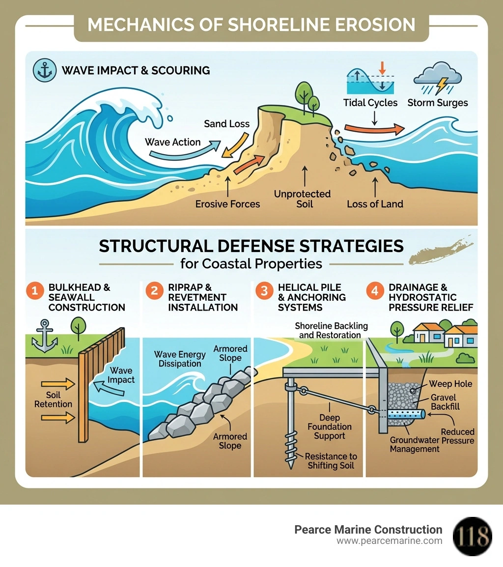 Infographic showing mechanics of shoreline erosion and structural defense strategies for Long Island coastal properties