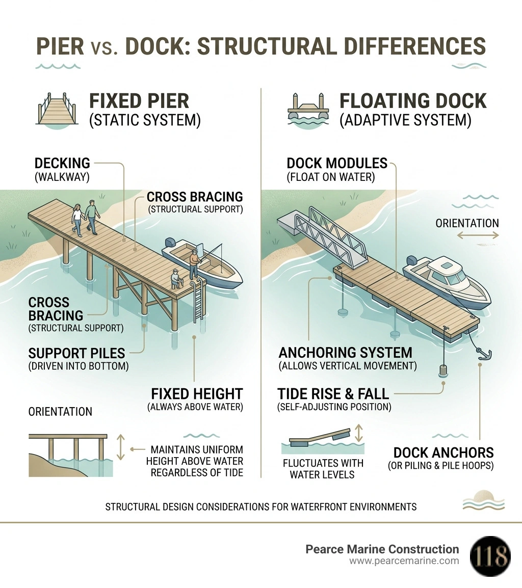 Infographic showing structural differences between fixed piers and floating docks with labels infographic Infographic showing structural differences between fixed piers and floating docks with labels infographic