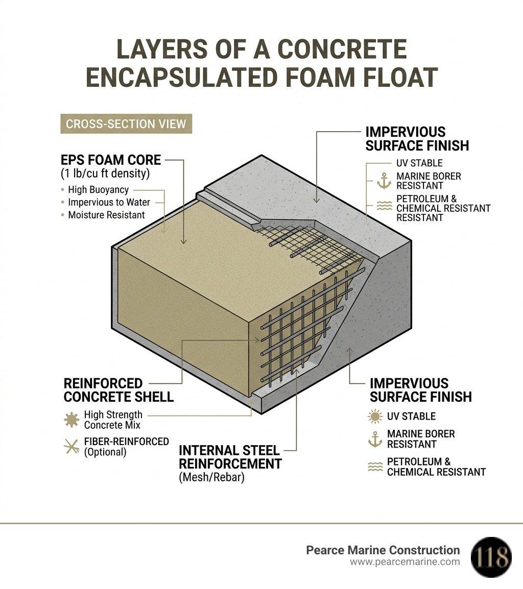 Layers of a concrete encapsulated foam float cross-section infographic - concrete floating dock construction infographic Layers of a concrete encapsulated foam float cross-section infographic - concrete floating dock construction infographic