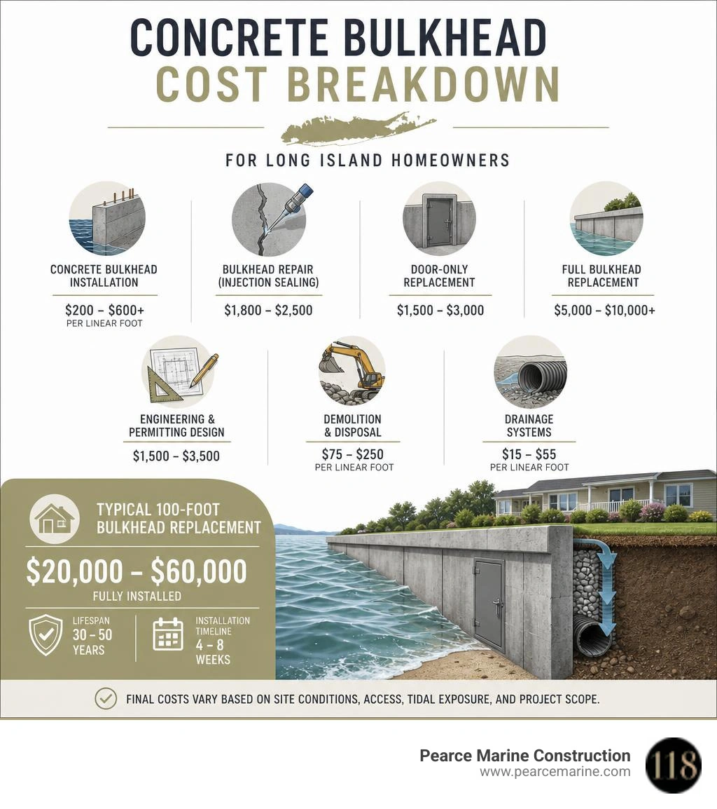 Concrete bulkhead cost breakdown infographic for Long Island homeowners infographic Concrete bulkhead cost breakdown infographic for Long Island homeowners infographic