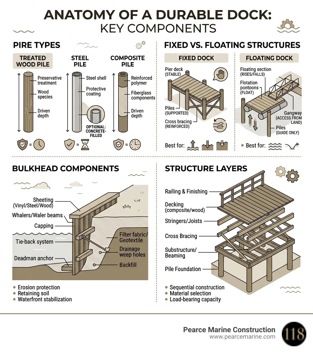 Anatomy of a durable dock infographic showing pile types bulkhead components fixed vs floating structure layers - Long