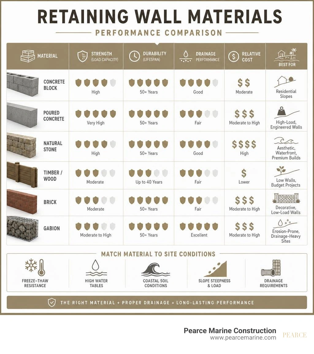 retaining wall materials comparison performance metrics infographic infographic