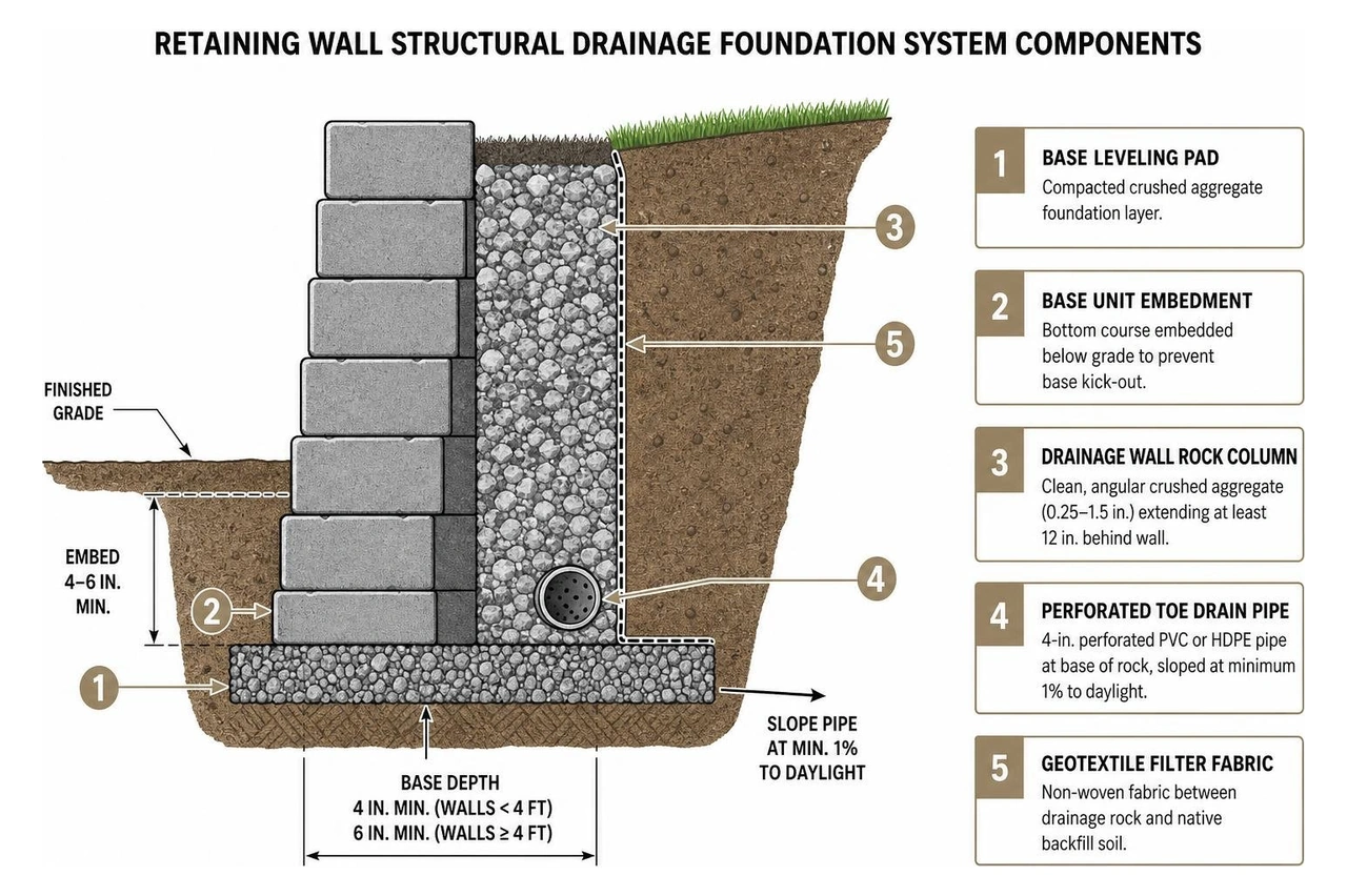 retaining wall structural drainage foundation system components diagram