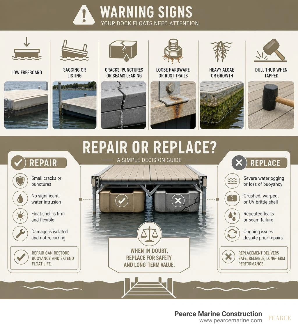 infographic showing dock float damage signs and repair versus replacement decision infographic infographic showing dock float damage signs and repair versus replacement decision infographic