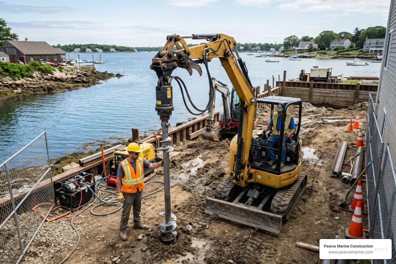 compact hydraulic machinery installing helical piles on a restricted waterfront lot compact hydraulic machinery installing helical piles on a restricted waterfront lot