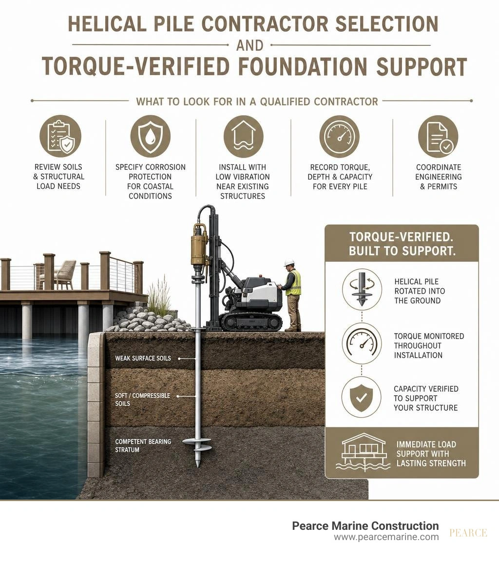 infographic showing helical pile contractor selection and torque-verified foundation support infographic infographic showing helical pile contractor selection and torque-verified foundation support infographic