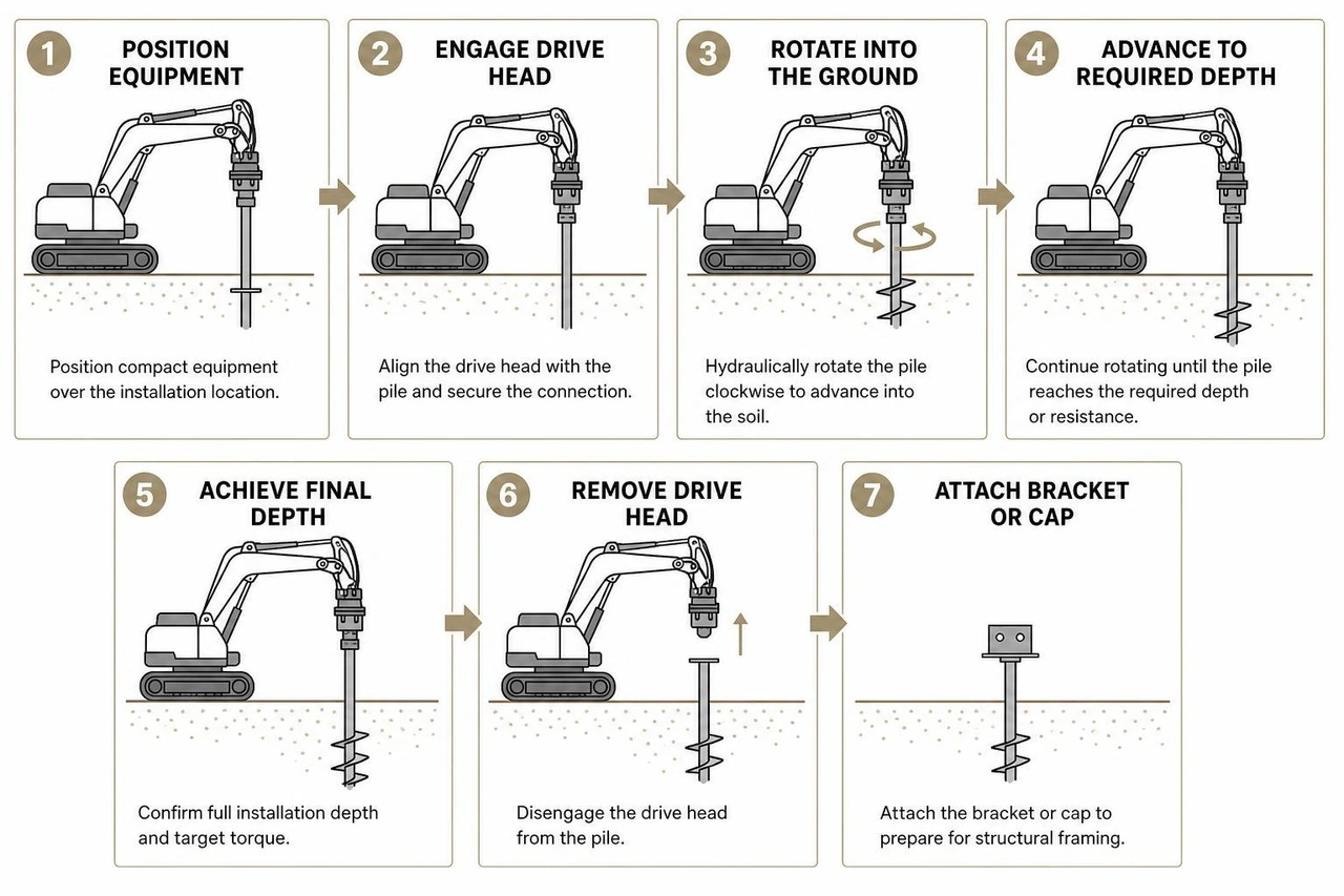 diagram detailing the step-by-step rotational installation of helical foundation piles diagram detailing the step-by-step rotational installation of helical foundation piles