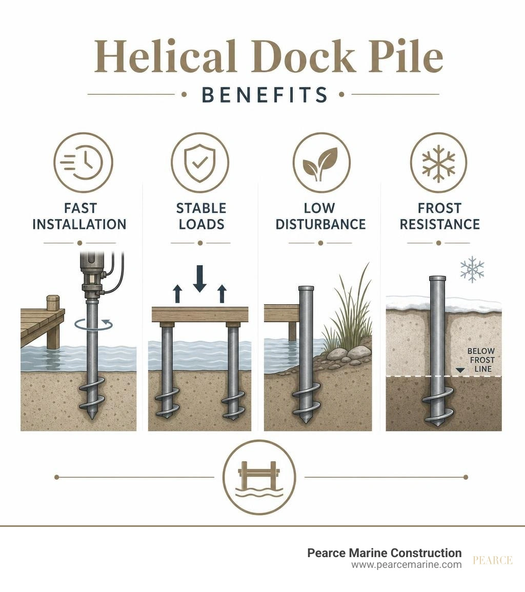 Helical dock pile benefits: fast installation, stable loads, low disturbance, frost resistance infographic