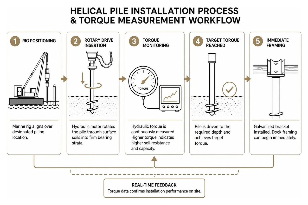 Helical pile installation process and torque measurement workflow