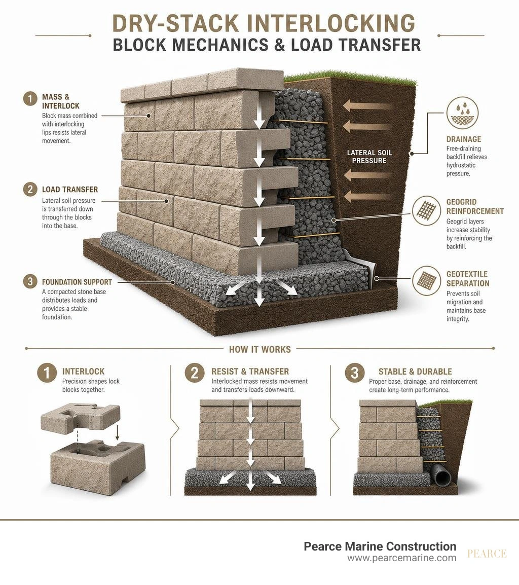 dry-stack interlocking block mechanics and load transfer infographic dry-stack interlocking block mechanics and load transfer infographic