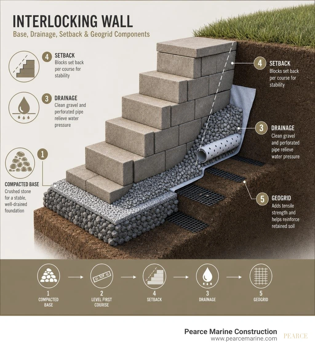 infographic of interlocking wall base drainage setback and geogrid components infographic infographic of interlocking wall base drainage setback and geogrid components infographic