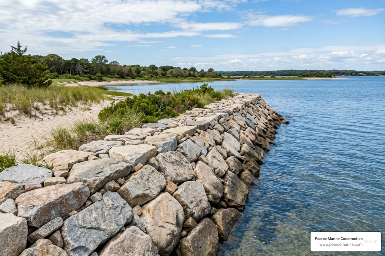 completed granite boulder rock wall shoreline Long Island