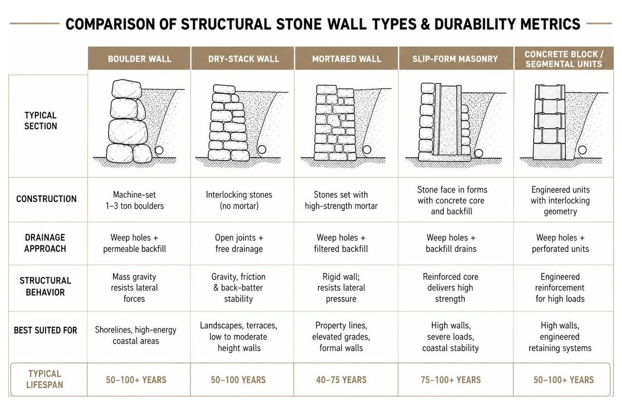 Comparison of structural stone wall types and durability metrics Comparison of structural stone wall types and durability metrics