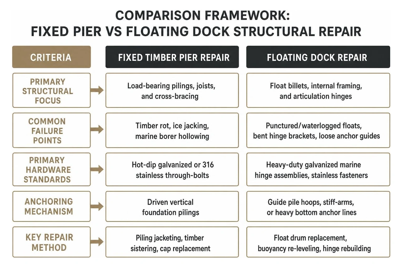 Comparison framework of fixed pier vs floating dock structural repair