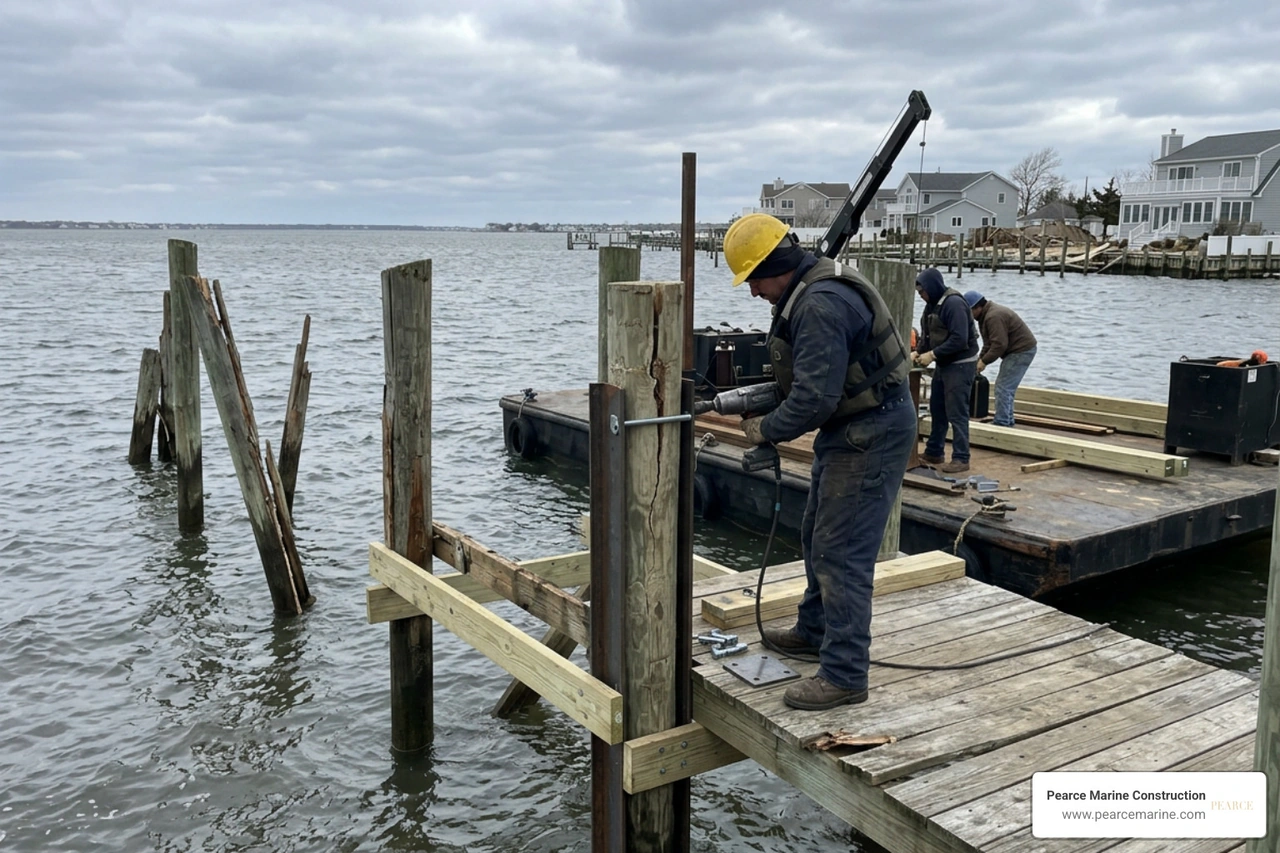 Storm damaged dock piling reinforcement on Great South Bay