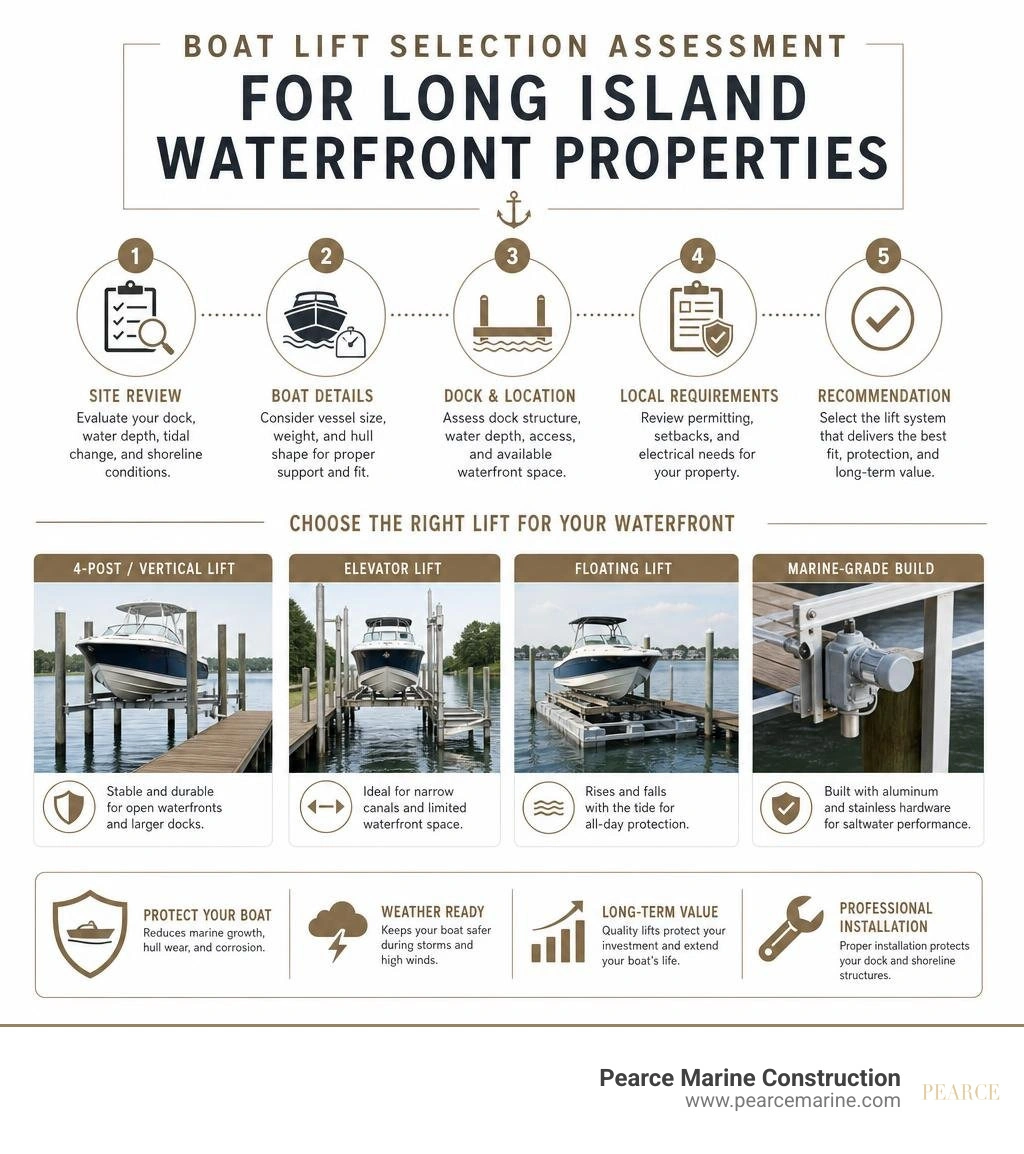 Boat lift selection assessment for Long Island waterfront properties infographic
