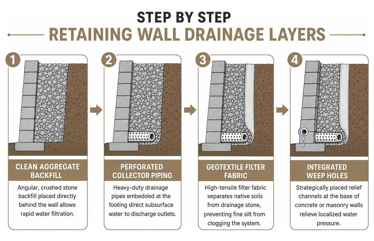 Step by step retaining wall drainage layers Step by step retaining wall drainage layers