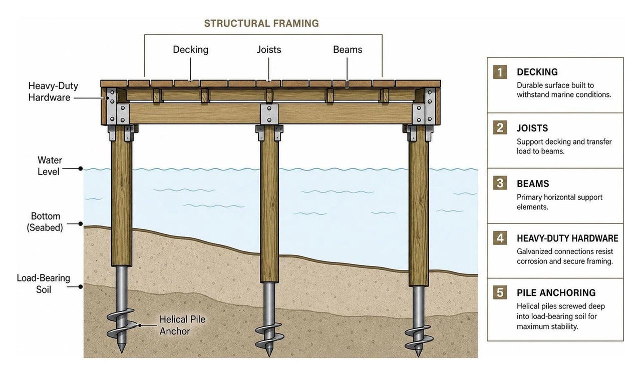 Diagram showing the structural framing and pile anchoring of a heavy-duty marine dock