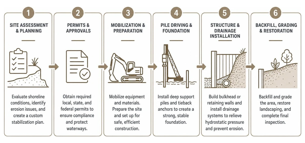 Step-by-step process of professional shoreline erosion control construction