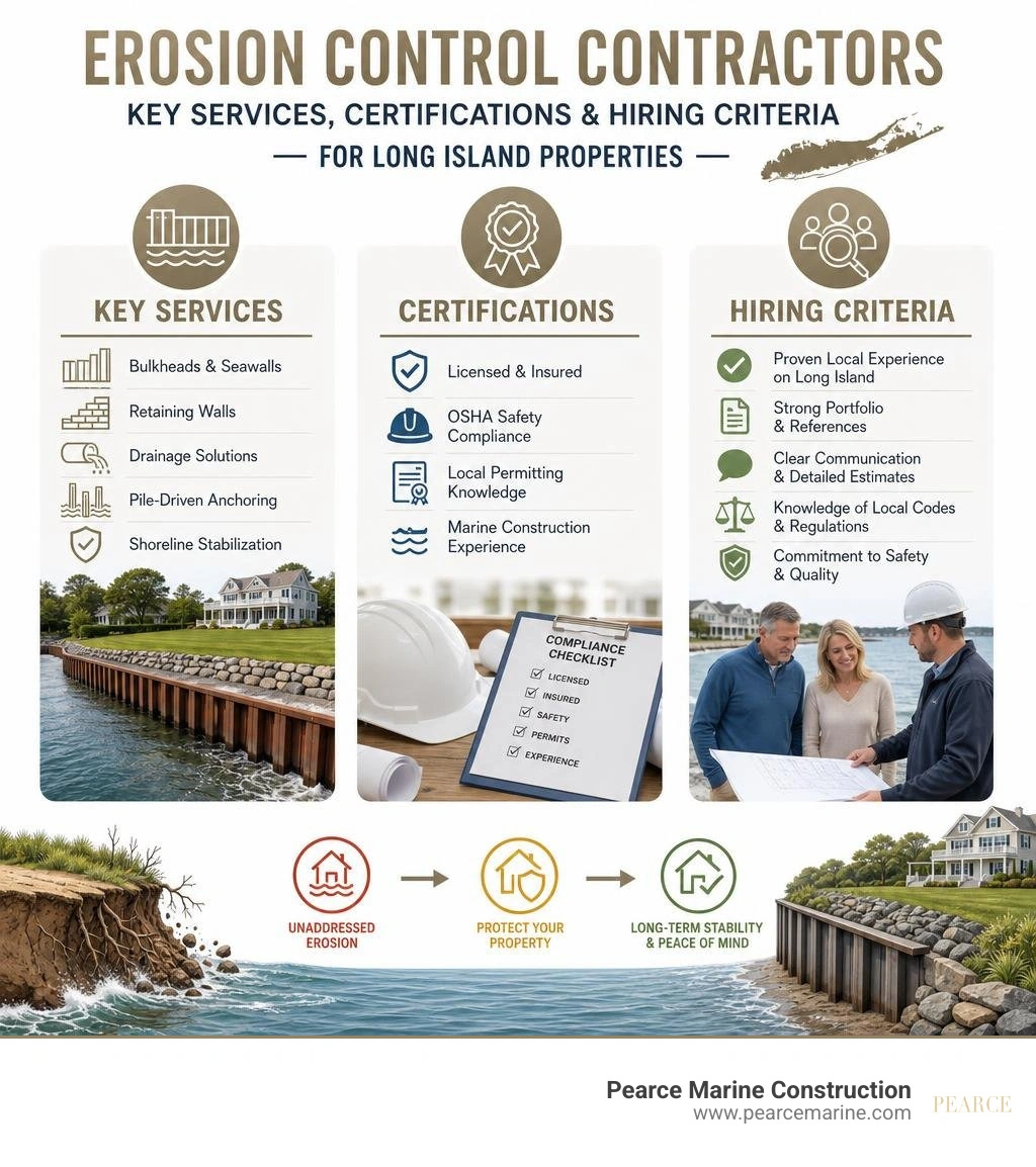Key services, certifications, and hiring criteria for erosion control contractors on Long Island infographic