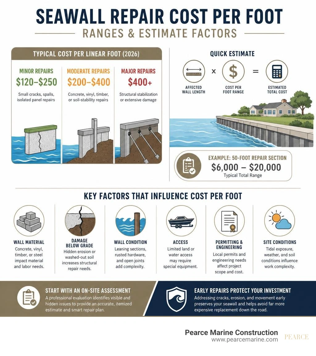 Seawall repair cost per foot ranges and estimate factors infographic Seawall repair cost per foot ranges and estimate factors infographic