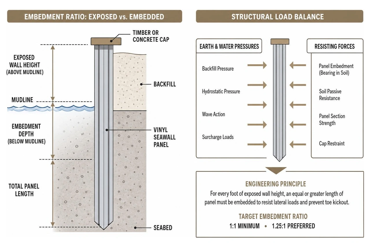 Vinyl seawall structural engineering load balance and embedment ratio