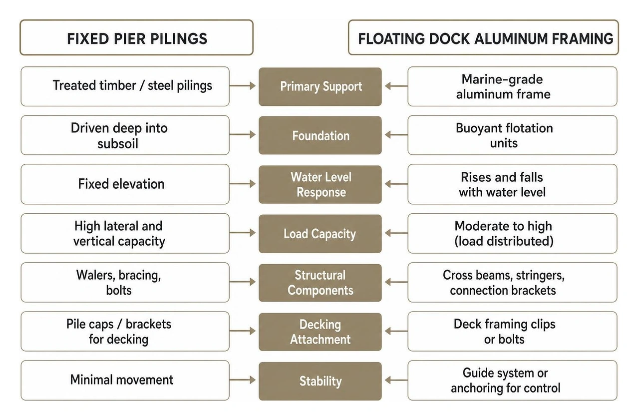 Comparison of structural components between fixed pier pilings and floating dock aluminum framing systems