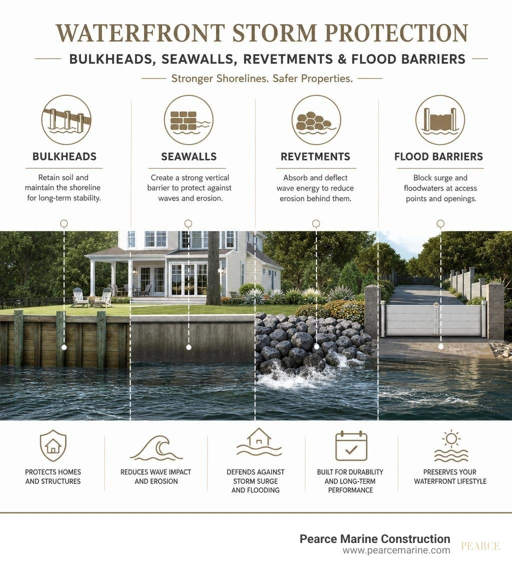 Infographic of bulkheads seawalls revetments and flood barriers for waterfront storm protection infographic Infographic of bulkheads seawalls revetments and flood barriers for waterfront storm protection infographic