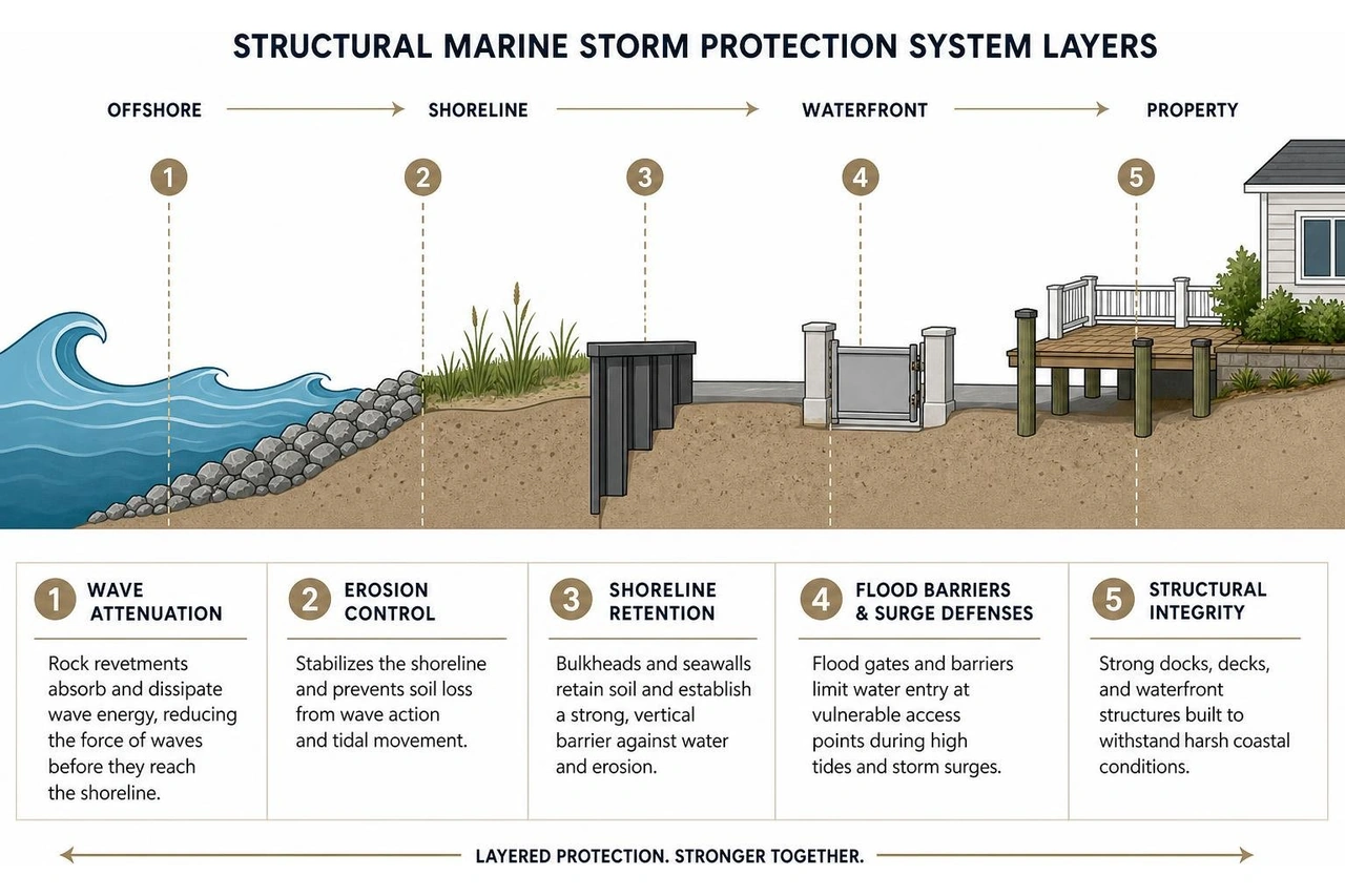 Diagram of structural marine storm protection system layers Diagram of structural marine storm protection system layers