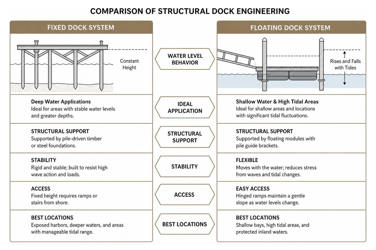 Comparison of structural dock engineering for fixed vs floating systems
