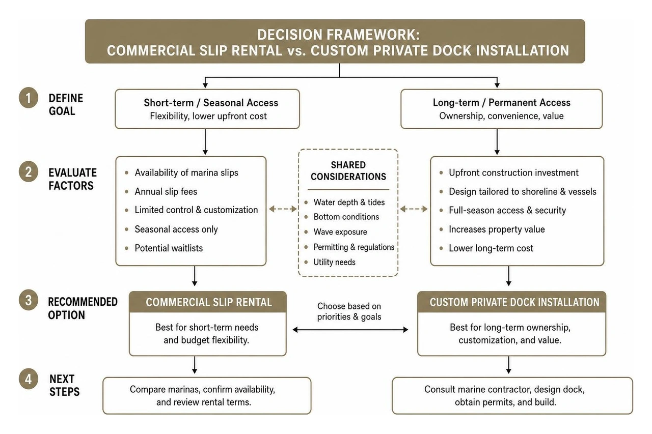 Decision framework for commercial slip rental versus custom private dock installation Decision framework for commercial slip rental versus custom private dock installation