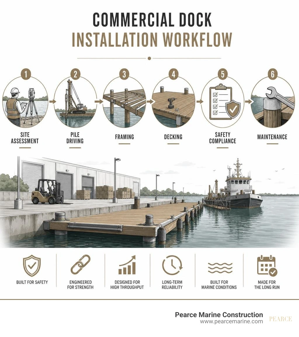 Commercial dock installation workflow: site assessment, pile driving, framing, decking, safety compliance, maintenance