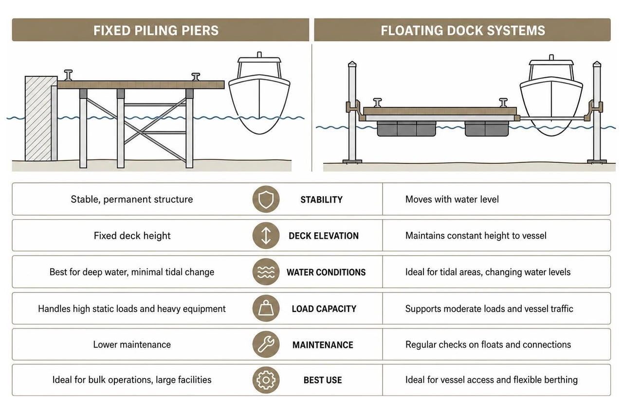 Comparison of fixed piling piers and floating dock systems