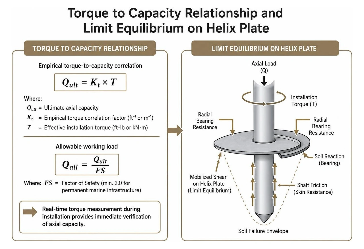 Diagram illustrating torque to capacity relationship and limit equilibrium on helix plate